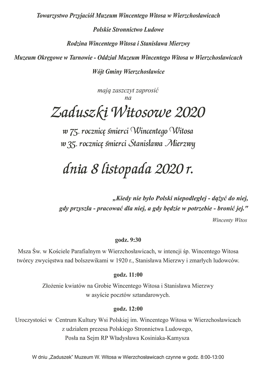 Zaproszenie na zaduszki witosowe 2020